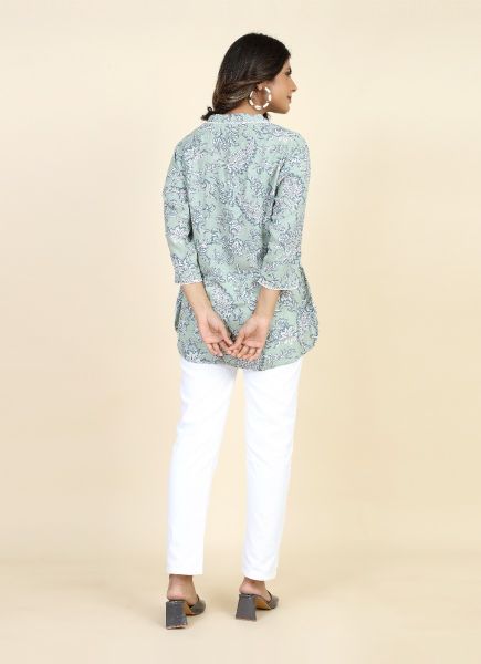 Light Blue Rayon Wrinkle Printed Office-Wear Readymade Short Top