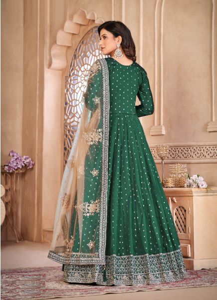 Green Taffeta Embroidered Party-Wear Floor-Length Salwar Kameez