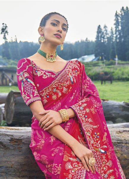 Magenta Silk Embroidered Party-Wear Saree