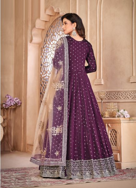 Purple Taffeta Embroidered Party-Wear Floor-Length Salwar Kameez