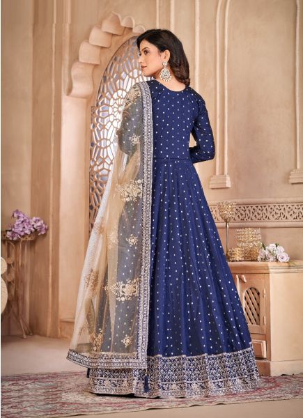 Blue Taffeta Embroidered Party-Wear Floor-Length Salwar Kameez