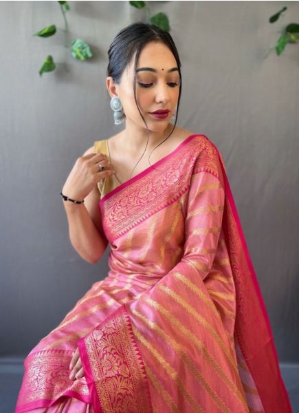 Pink Organza Weaving Festive-Wear Leheriya Saree