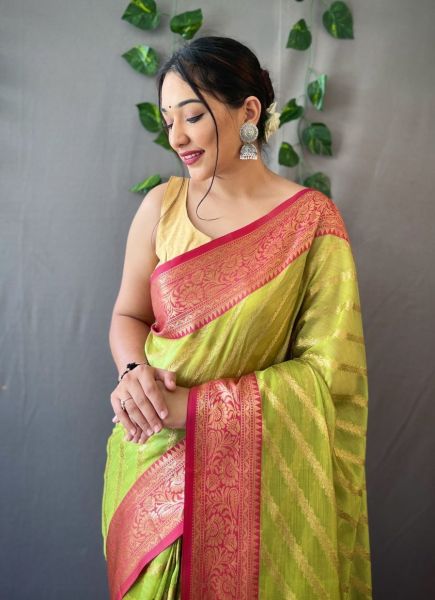 Light Green Organza Weaving Festive-Wear Leheriya Saree