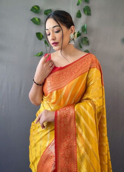 Yellow Organza Weaving Festive-Wear Leheriya Saree