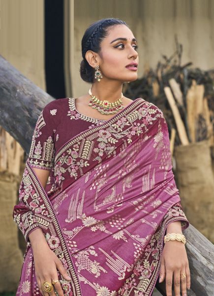 Lilac Silk Embroidered Party-Wear Saree