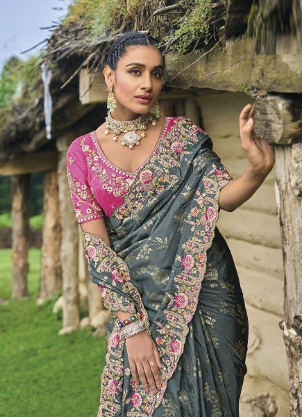 Warm Gray Silk Embroidered Party-Wear Saree