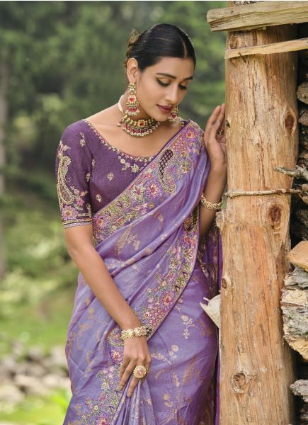 Light Lavender Silk Embroidered Party-Wear Saree