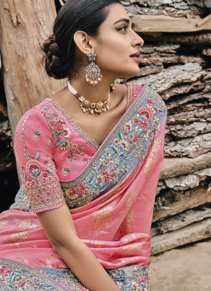 Pink Silk Embroidered Party-Wear Saree