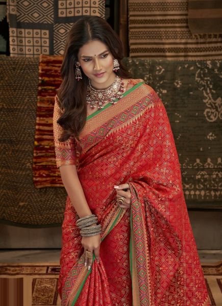 Red Patola Silk Weaving Festive-Wear Saree
