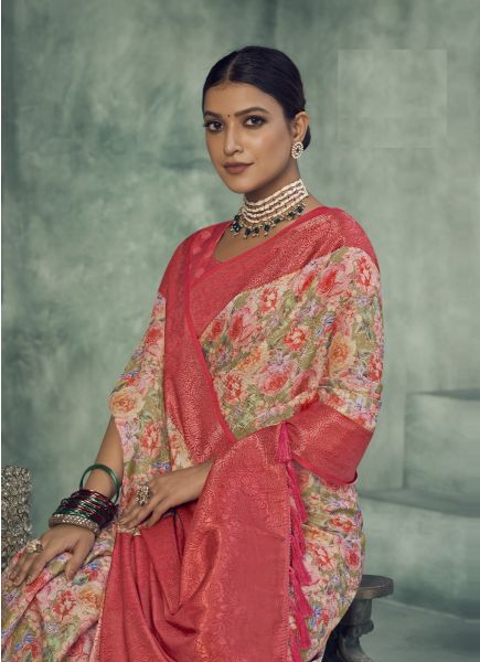 Light Pink Tissue Silk Digitally Printed Festive-Wear Saree