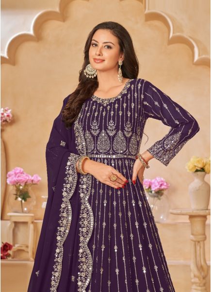 Dark Purple Faux Georgette Embroidered Floor-length Salwar Kameez For Traditional / Religious Occasions