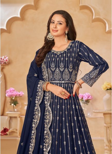Blue Faux Georgette Embroidered Floor-length Salwar Kameez For Traditional / Religious Occasions