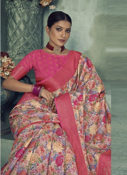 Beige & Pink Tissue Silk Digitally Printed Festive-Wear Saree