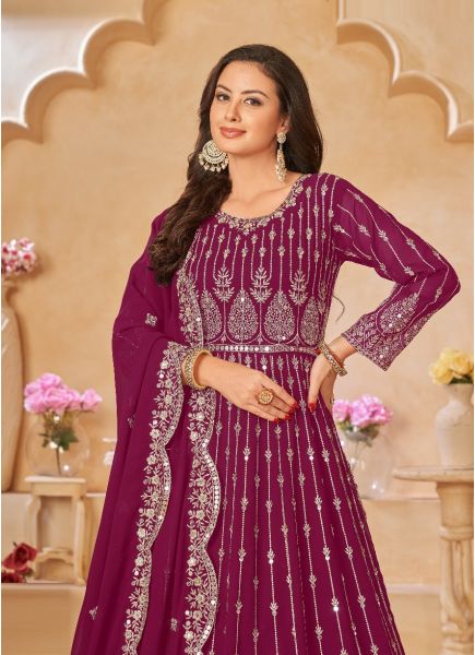 Wine Red Faux Georgette Embroidered Floor-length Salwar Kameez For Traditional / Religious Occasions