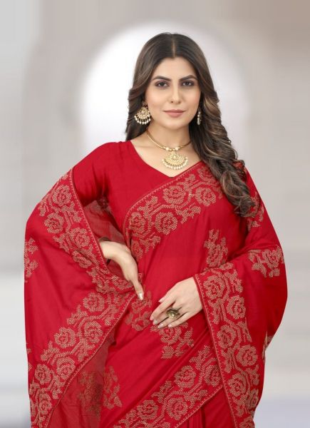 Red Vichitra Silk Swarovski-Work Festive-Wear Saree