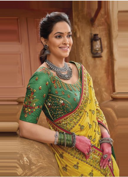 Yellow Banarasi Silk Thread-Work Wedding-Wear Boutique-Style Saree