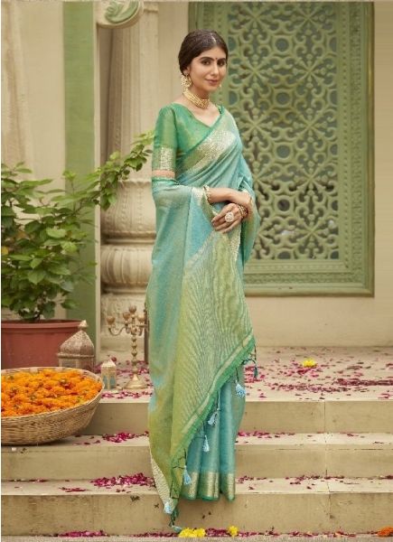 Light Blue Woven Tusser Silk Saree For Traditional / Religious Occasions