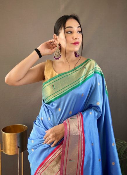 Sky Blue Paithani Silk Saree For Traditional / Religious Occasions