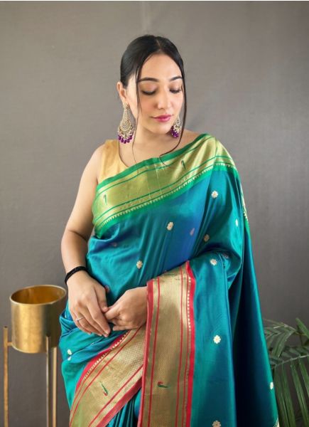 Teal Blue Paithani Silk Saree For Traditional / Religious Occasions