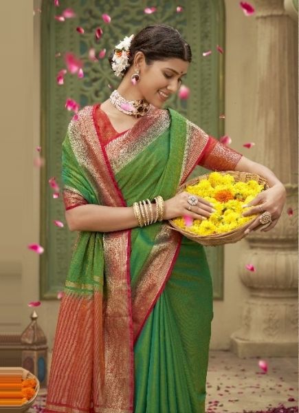 Parrot Green Woven Tusser Silk Saree For Traditional / Religious Occasions