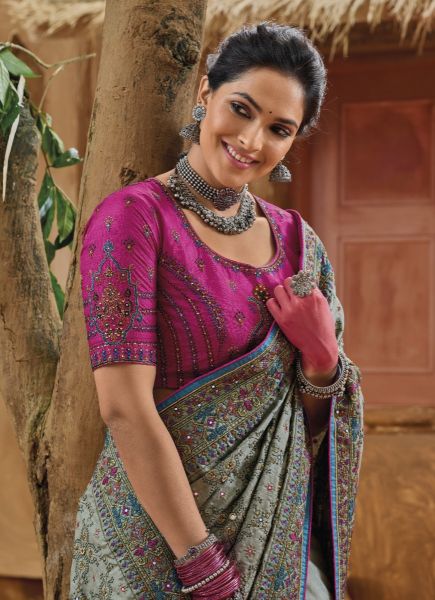 Sage Blue Banarasi Silk Thread-Work Wedding-Wear Boutique-Style Saree