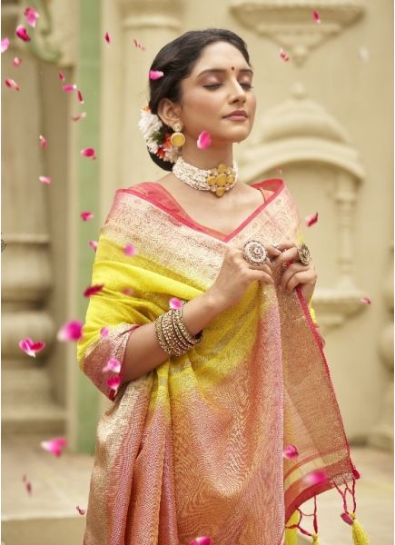 Yellow Woven Tusser Silk Saree For Traditional / Religious Occasions