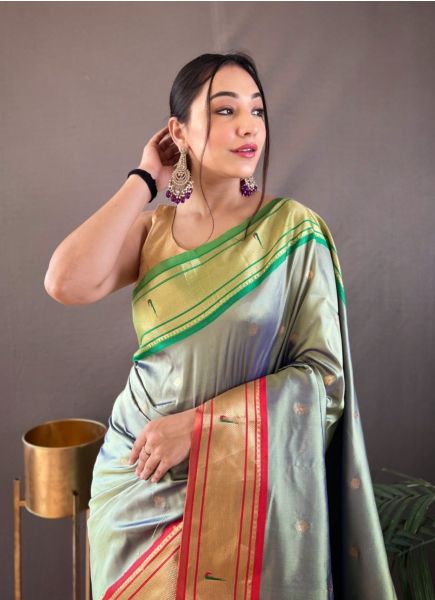 Light Sage Green Paithani Silk Saree For Traditional / Religious Occasions