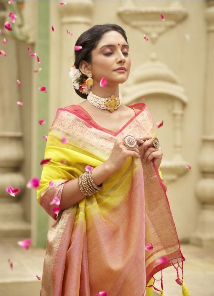 Yellow Tusser Silk Weaving Festive-Wear Saree