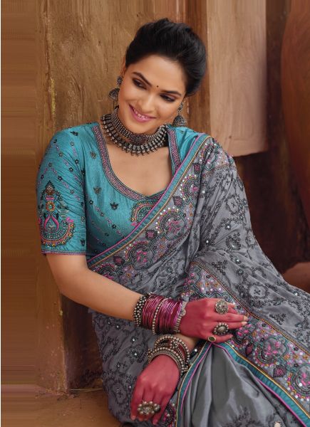 Blue Gray Banarasi Silk Kacchi-Work Wedding-Wear Boutique-Style Saree With Contrast Blouse