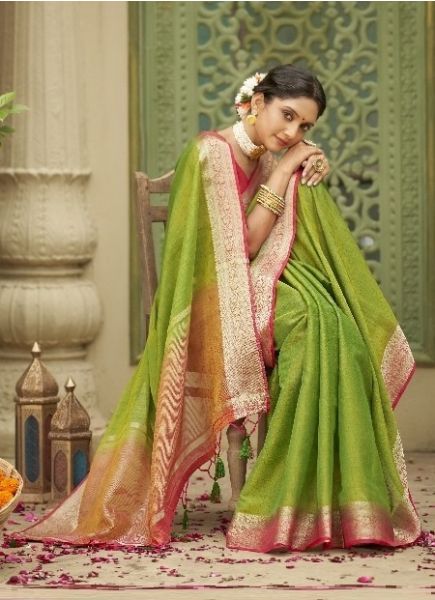 Olive Green Woven Tusser Silk Saree For Traditional / Religious Occasions