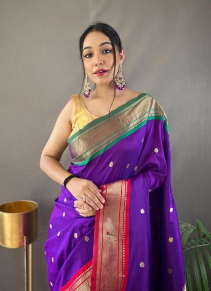 Violet Paithani Silk Saree For Traditional / Religious Occasions