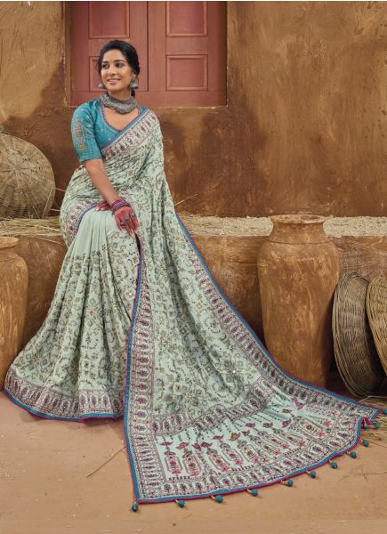 Light Aqua Banarasi Silk Kacchi-Work Wedding-Wear Boutique-Style Saree With Contrast Blouse