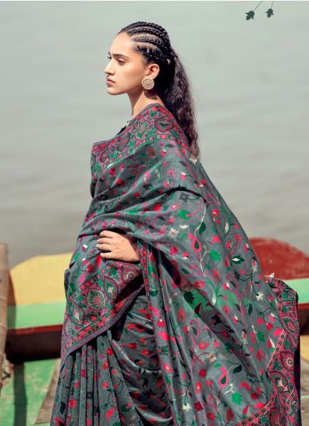 Dark Gray Pashmina Weaving Festive-Wear Kashmiri Saree