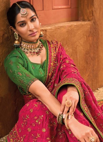 Dark Magenta Banarasi Silk Embroidery & Handwork Wedding-Wear Saree