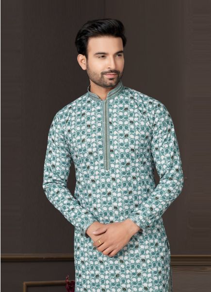Light Teal Blue Cotton Digitally Printed Kurta With Pyjama For Traditional / Religious Occasions