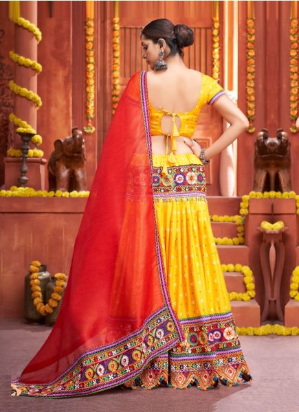 Yellow & Red Cotton Silk Mirror-Work Navratri Special Lehenga Choli