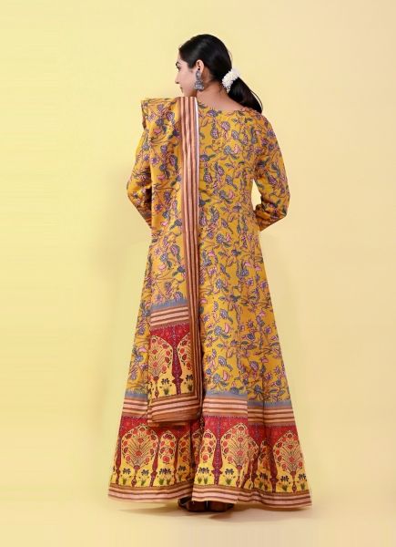 Yellow Chanderi Silk Digitally Printed Readymade Gown With Dupatta