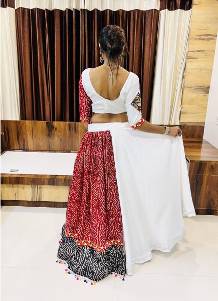 Red & White Cotton Silk Printed Navratri Special Lehenga Choli