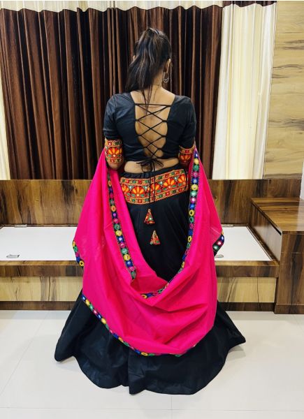 Black & Magenta Cotton Silk With Mirror-Work Lehenga Choli For Navratri Festival
