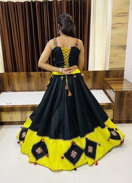 Black & Lemon Yellow Cotton Silk With Mirror-Work Lehenga Choli For Navratri Festival