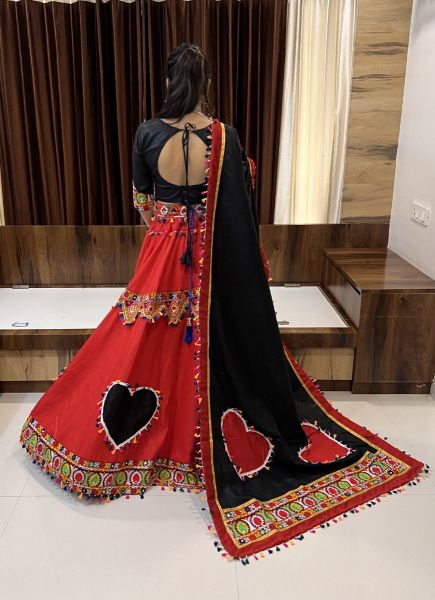 Red & Black Cotton Silk With Mirror-Work Lehenga Choli For Navratri Festival