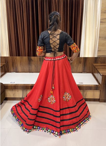 Red & Black Cotton Silk With Mirror-Work Lehenga Choli For Navratri Festival