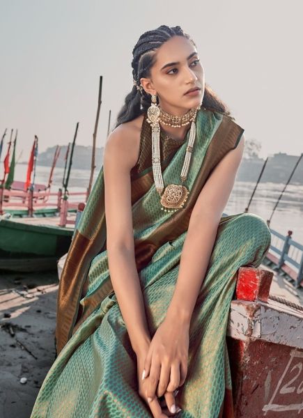 Mint Green Silk Weaving Festive-Wear Handloom Saree
