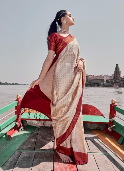 Beige Silk Weaving Festive-Wear Handloom Saree