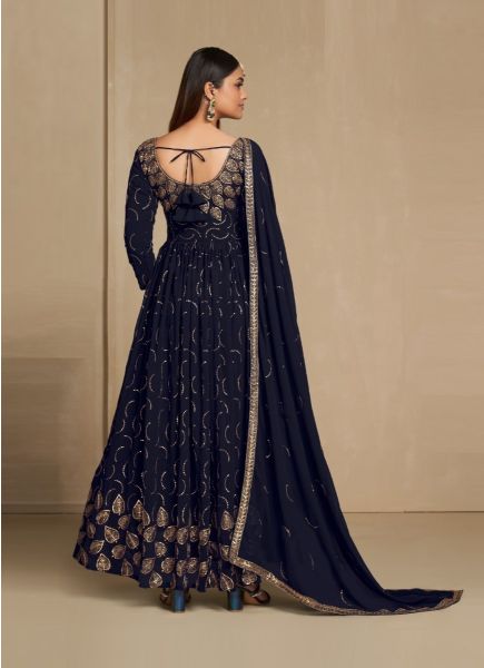 Dark Navy Blue Faux Georgette Embroidered Festive-Wear Readymade Gown With Dupatta