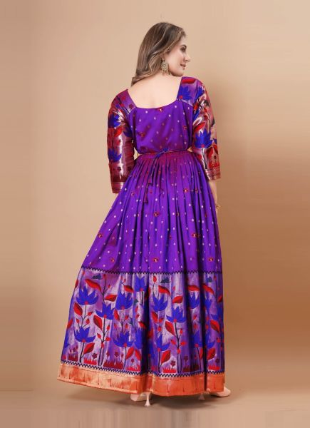 Purple Woven Silk Readymade Gown For Traditional / Religious Occasions