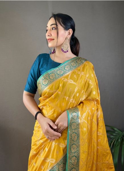 Yellow Tabby Silk Weaving Festive-Wear Saree