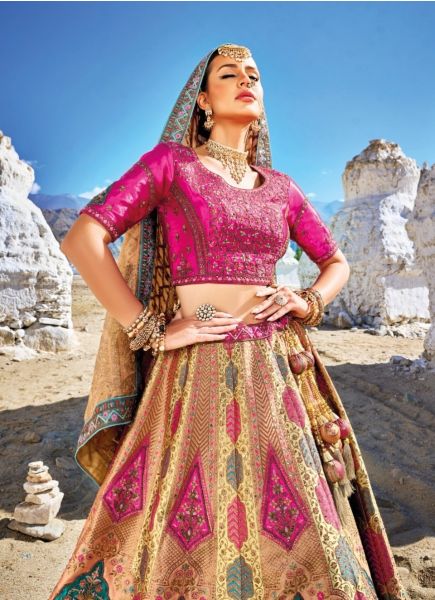 Cream & Magenta Banarasi Silk Jacquard With Handwork Wedding-Wear Bridal Lehenga Choli