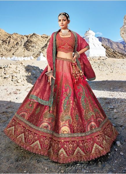 Crimson Red Banarasi Silk Jacquard With Handwork Wedding-Wear Bridal Lehenga Choli