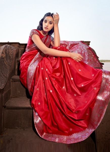 Red Pure Satin Silk Saree With Zari Weaving
